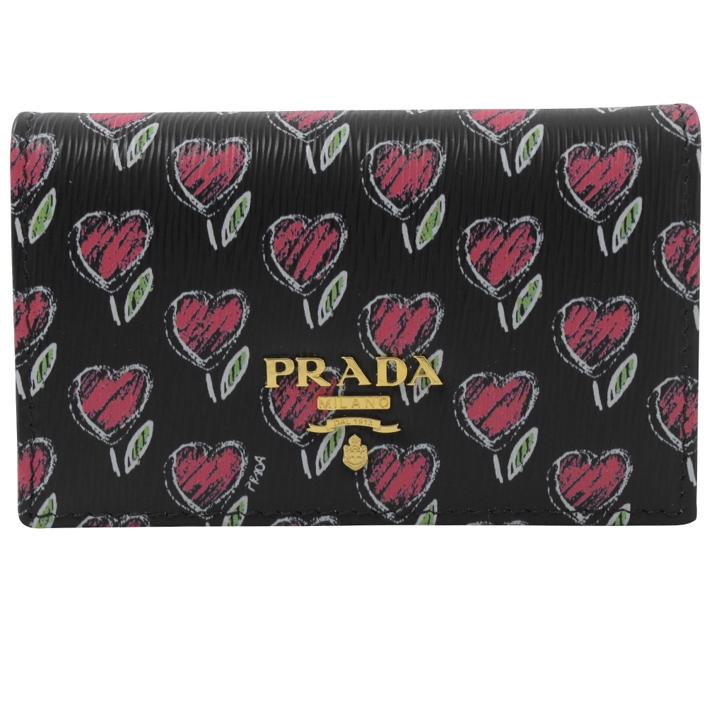 PRADA 金屬LOGO愛心圖案水波紋釦式名片夾(黑)