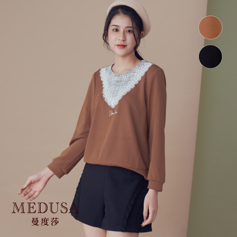 現貨【MEDUSA 曼度莎】三角蕾絲裝飾大學T - 2色（M-XL）｜上衣 長袖T恤