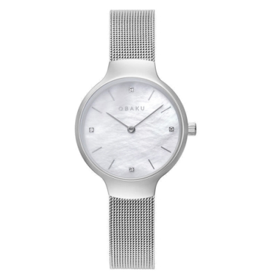 OBAKU 閃耀貝殼晶鑽時尚腕錶-銀X白(V241LXCWMC)/29mm