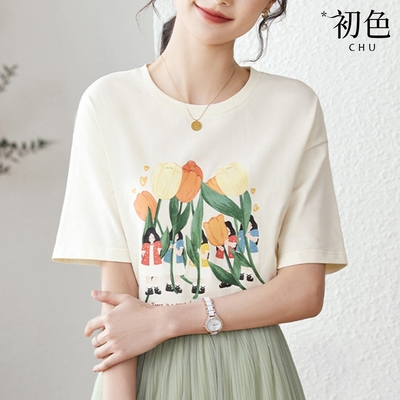 初色 夏季薄款植物印花休閒寬鬆圓領短袖T恤上衣-杏色-68550(M-XL可選)