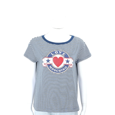 LOVE MOSCHINO 亮片愛心字母印花微彈性棉藍白條紋短袖TEE T恤