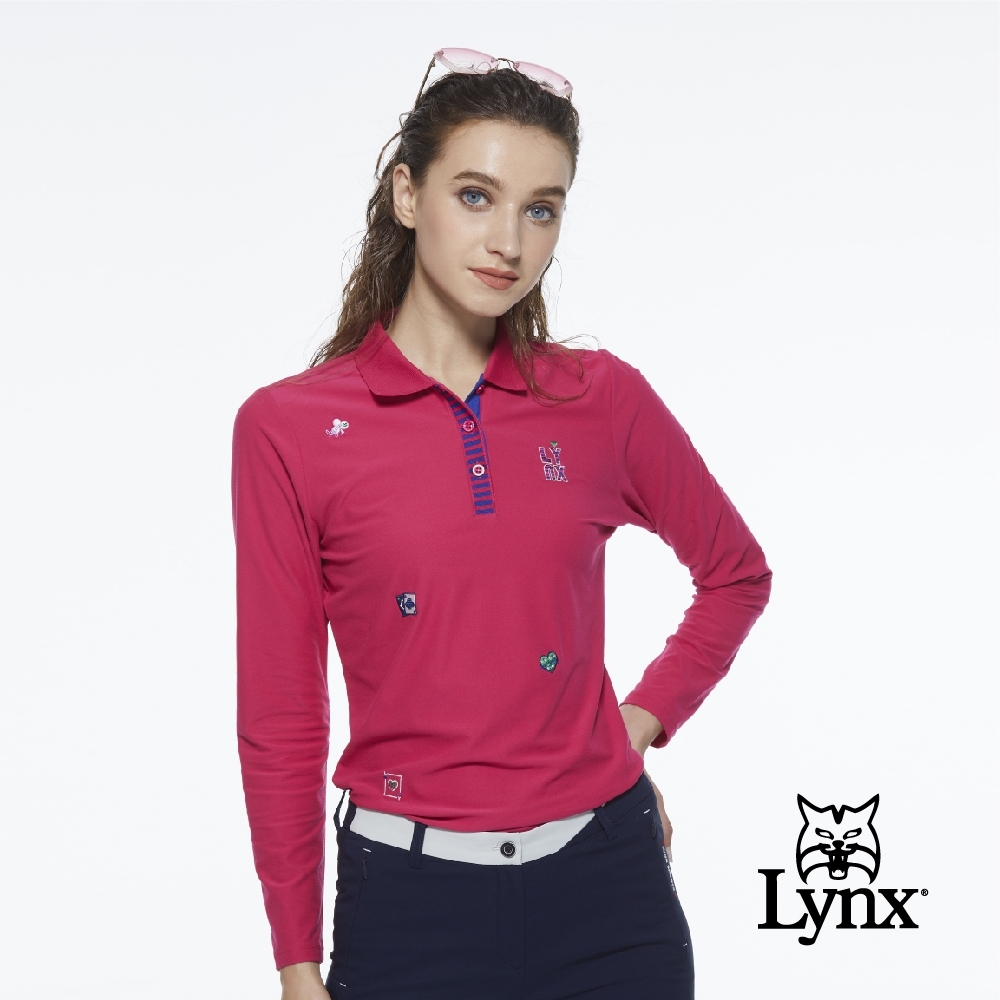 【Lynx Golf】女款遠紅外線保暖刷毛POKER圖樣繡花長袖POLO衫-桃紅色