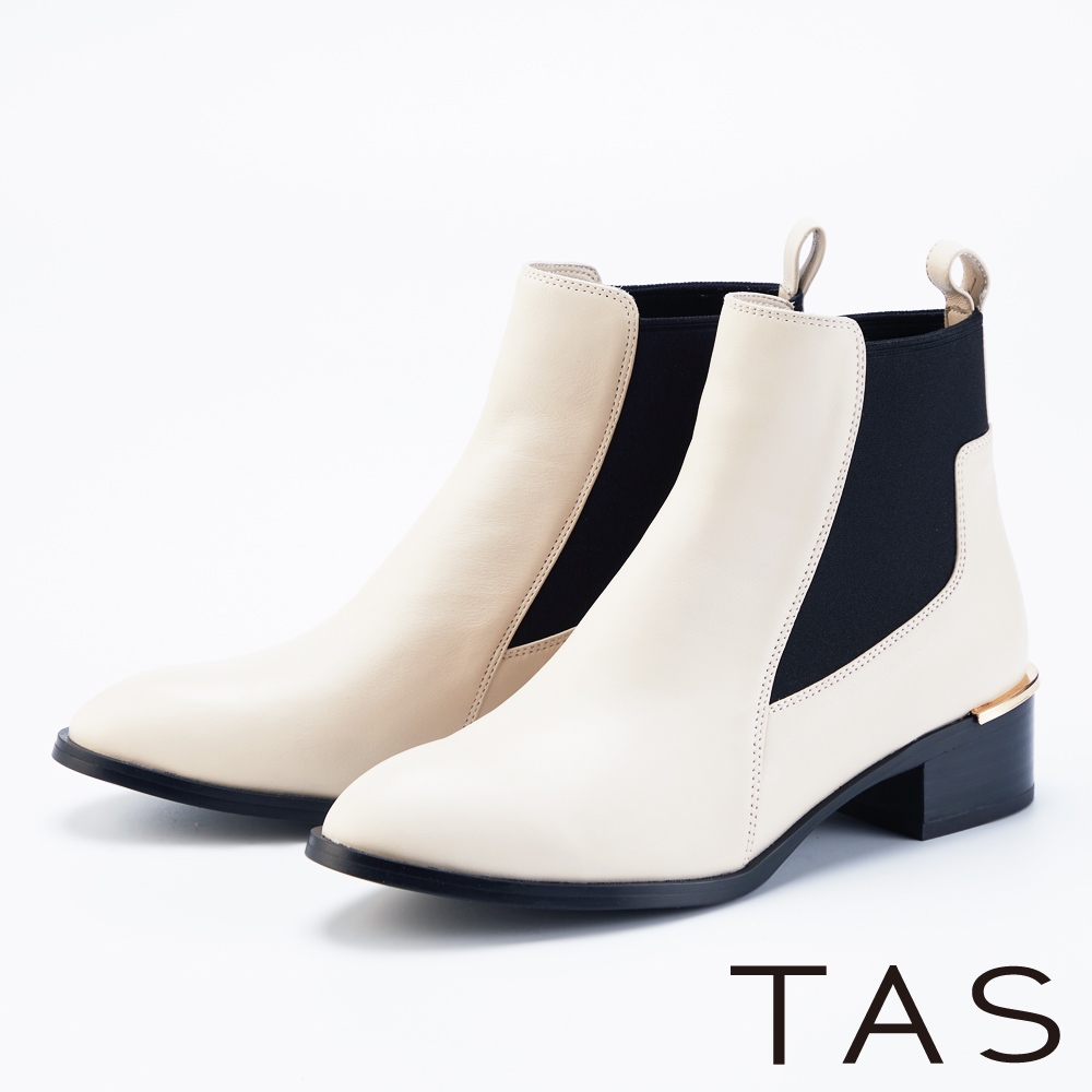 TAS 金屬條飾拼接真皮粗跟短靴 米白