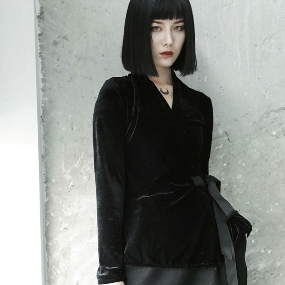 設計所在Style-韓國絨日式和服綁帶修身顯瘦長袖襯衫