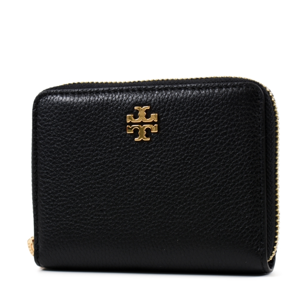 TORY BURCH 金字LOGO荔枝紋拉鍊短夾-黑色