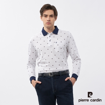 Pierre Cardin皮爾卡登 男款 圓點點印花長袖POLO衫-白色(5235258-90)