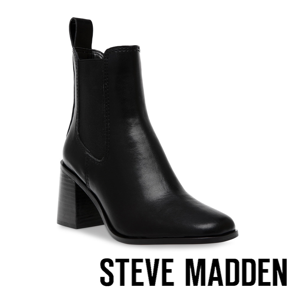 STEVE MADDEN-ACHIEVER 寬底皮革彈性粗跟短靴-黑色