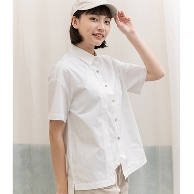 Hana-Mokuba花木馬日系女裝左右不對稱剪接短袖襯衫_中藍/米白