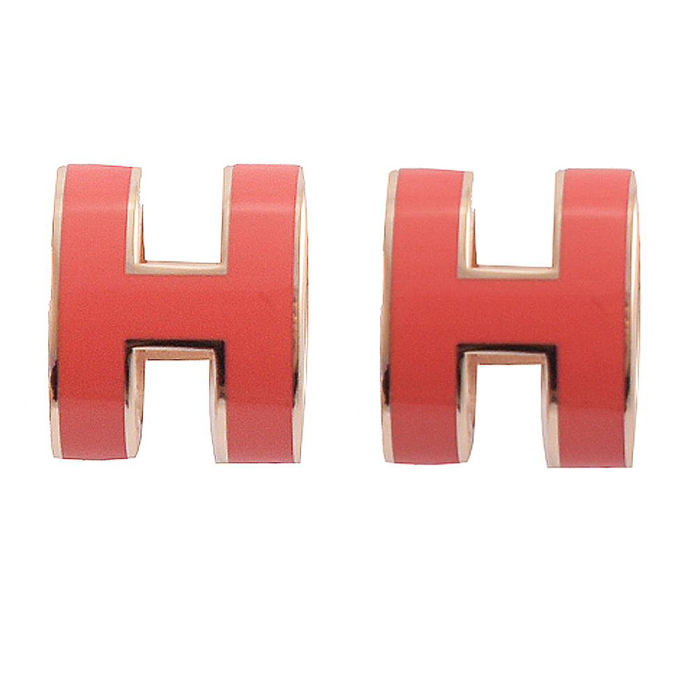 HERMES H POP款LOGO圓弧型耳針式耳環(珊瑚紅/玫瑰金)