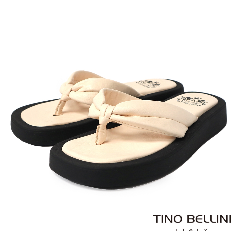 Tino Bellini 西班牙進口羊皮夾腳厚軟底涼拖鞋-米