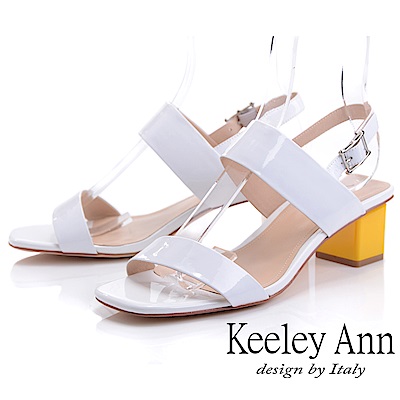 Keeley Ann簡約一字帶 牛漆皮中粗跟後帶扣涼鞋(白色-Ann系列)