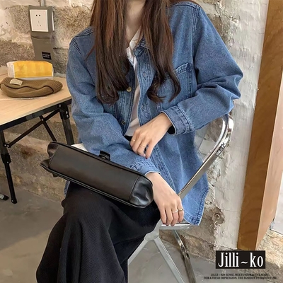 JILLI-KO 復古翻領疊穿口袋開扣牛仔襯衫外套丹寧- 藍色