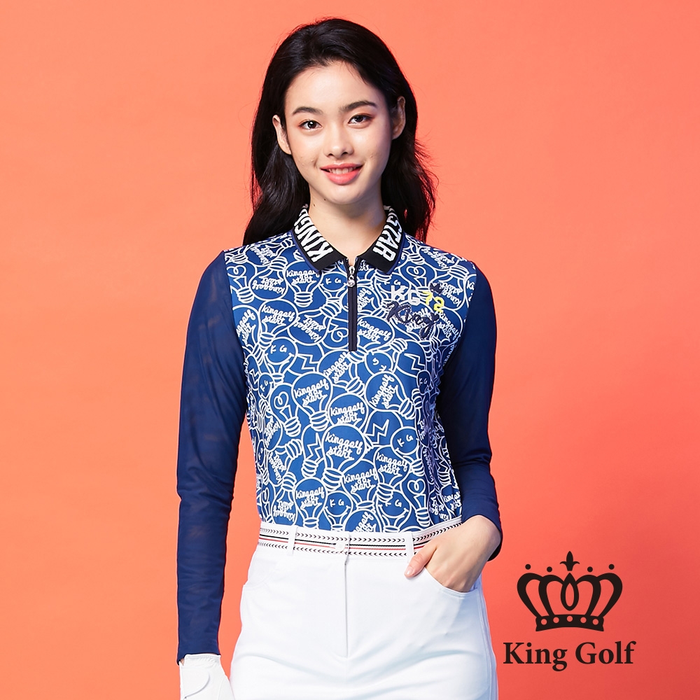 【KING GOLF】燈泡印花雙面跳色可翻式立領拉鍊印花長袖POLO衫-藍色