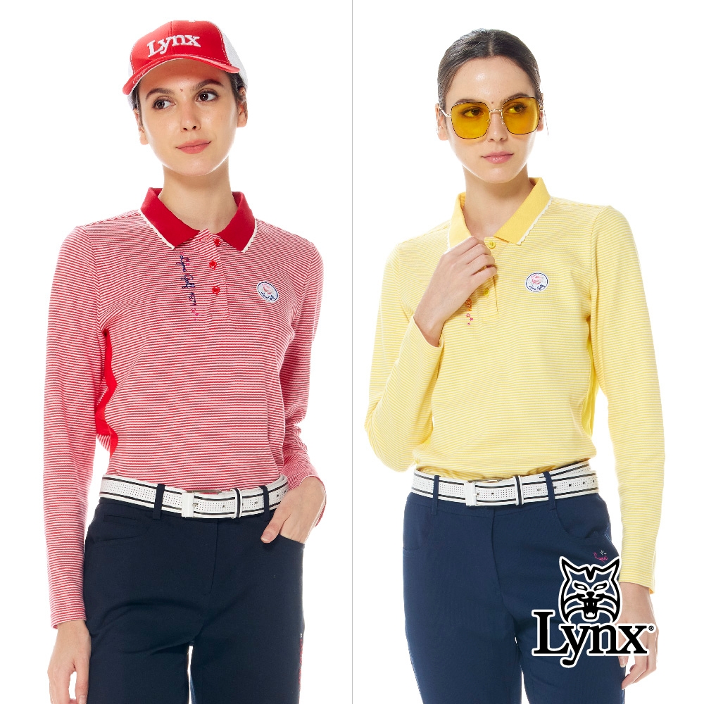 【Lynx Golf】女款純棉材質百搭橫條紋精美花邊領?邊剪裁設計長袖POLO衫/高爾夫球衫(二色)