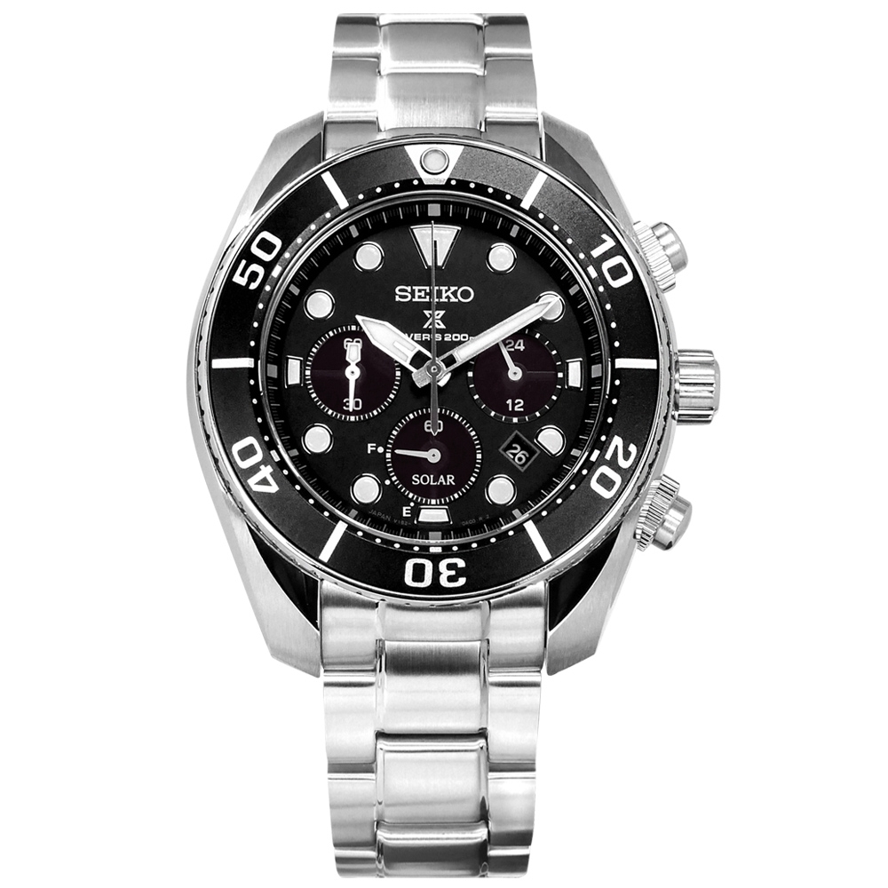 SEIKO 精工 PROSPEX 太陽能 潛水錶 計時碼錶 不鏽鋼手錶-黑色/45mm
