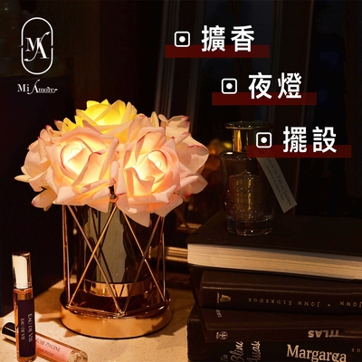 【愛莯】6 朵玫瑰花LED夜燈菱形玻璃花瓶系列