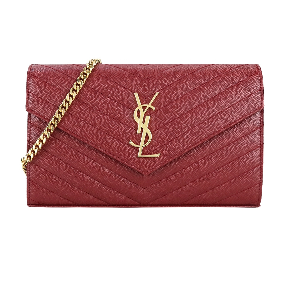 YSL Saint Laurent MONOGRAM系列V字縫線魚子醬牛皮金鍊斜肩/手拿包(金x紅)