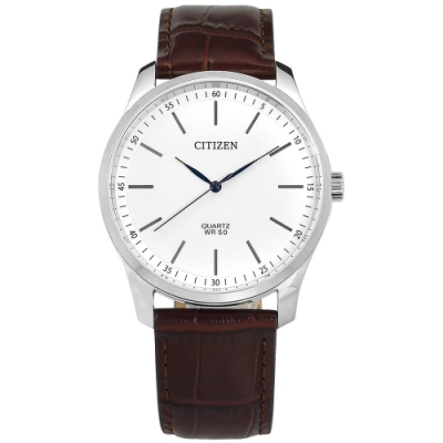 CITIZEN 簡約時尚 真皮壓紋手錶 (BH5000-08A)-白x銀框x咖啡/42mm