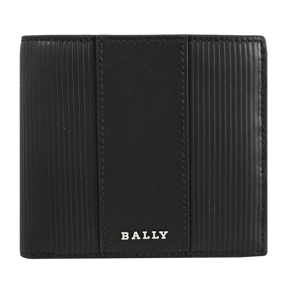 BALLY LYIES 金屬LOGO直線壓紋裝飾牛皮4卡零錢短夾(黑)