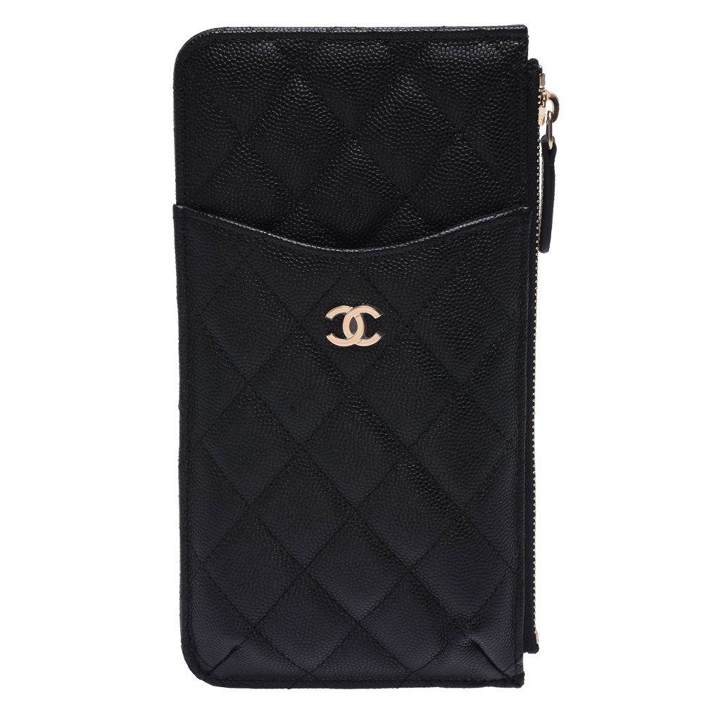 CHANEL 經典金色雙C LOGO粒紋小牛皮拉鍊手拿長夾(黑)