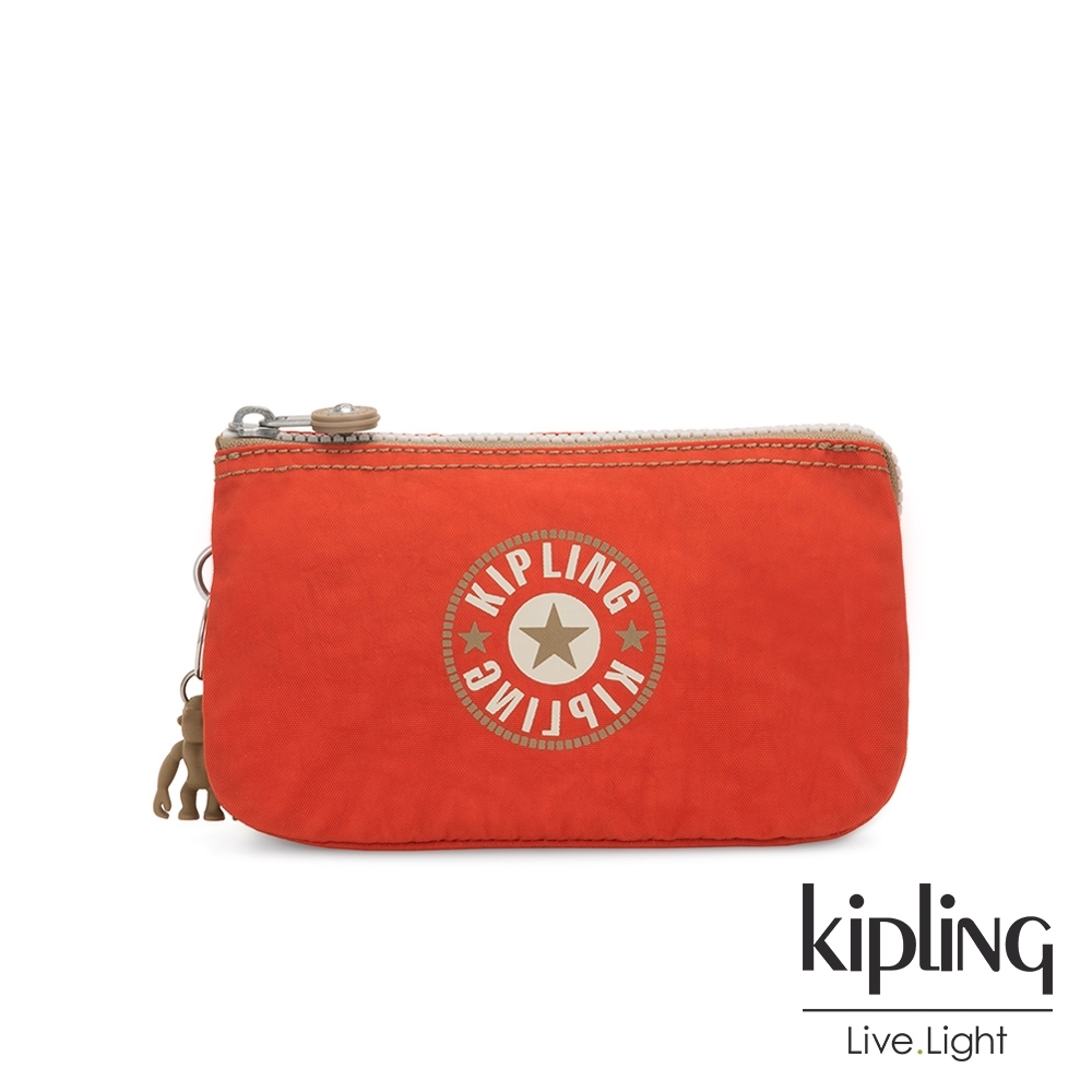 Kipling 時髦亮橘色復古LOGO三夾層配件包-CREATIVITY L