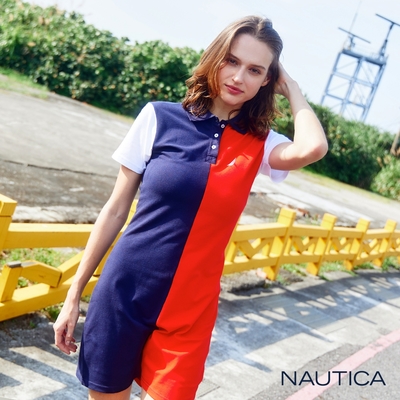 Nautica 女裝 撞色拼接短袖連身裙-紅色