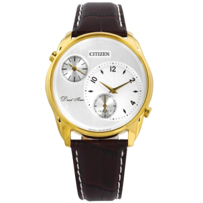 CITIZEN 簡約商務 雙時間顯示小牛皮手錶(AO3032-02A)-白x金框x深紅棕/44mm