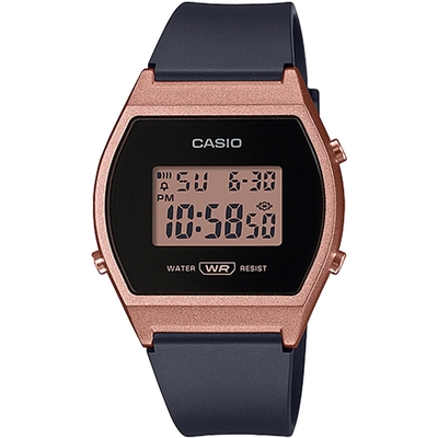 CASIO 經典酒桶型復古款數位休閒錶-黑X玫瑰金(LW-204-1A)/47.7mm