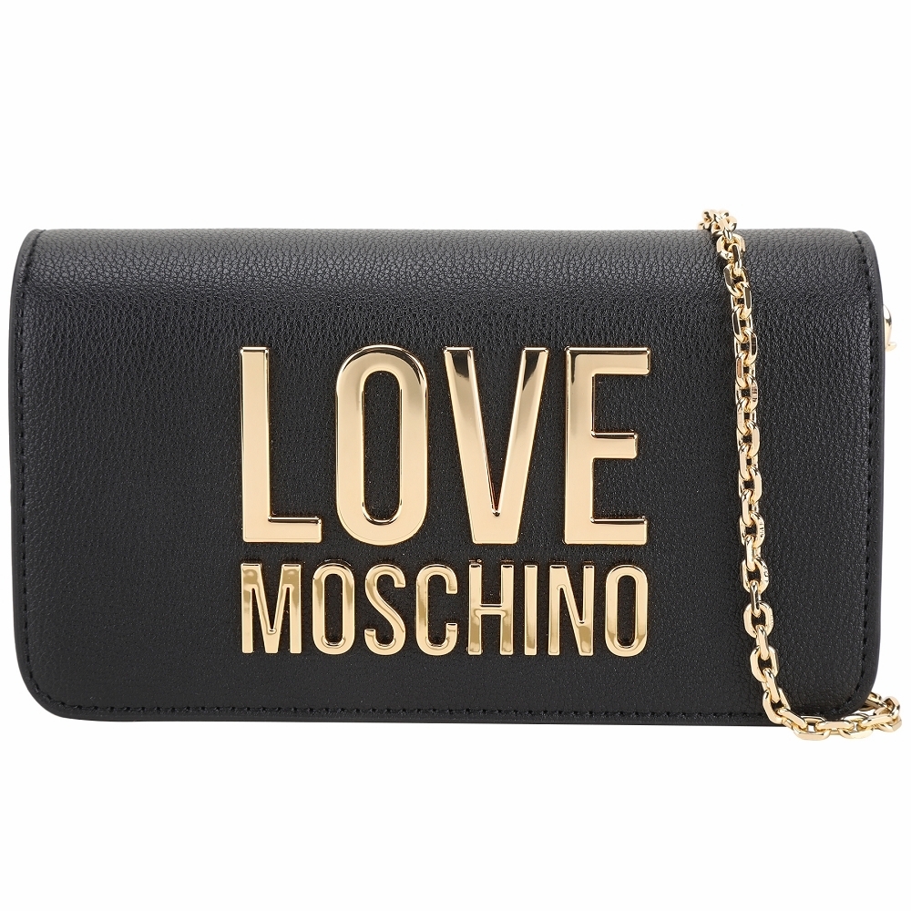 LOVE MOSCHINO 金字母荔紋皮翻蓋式可拆鍊帶斜背/手拿包(黑色)