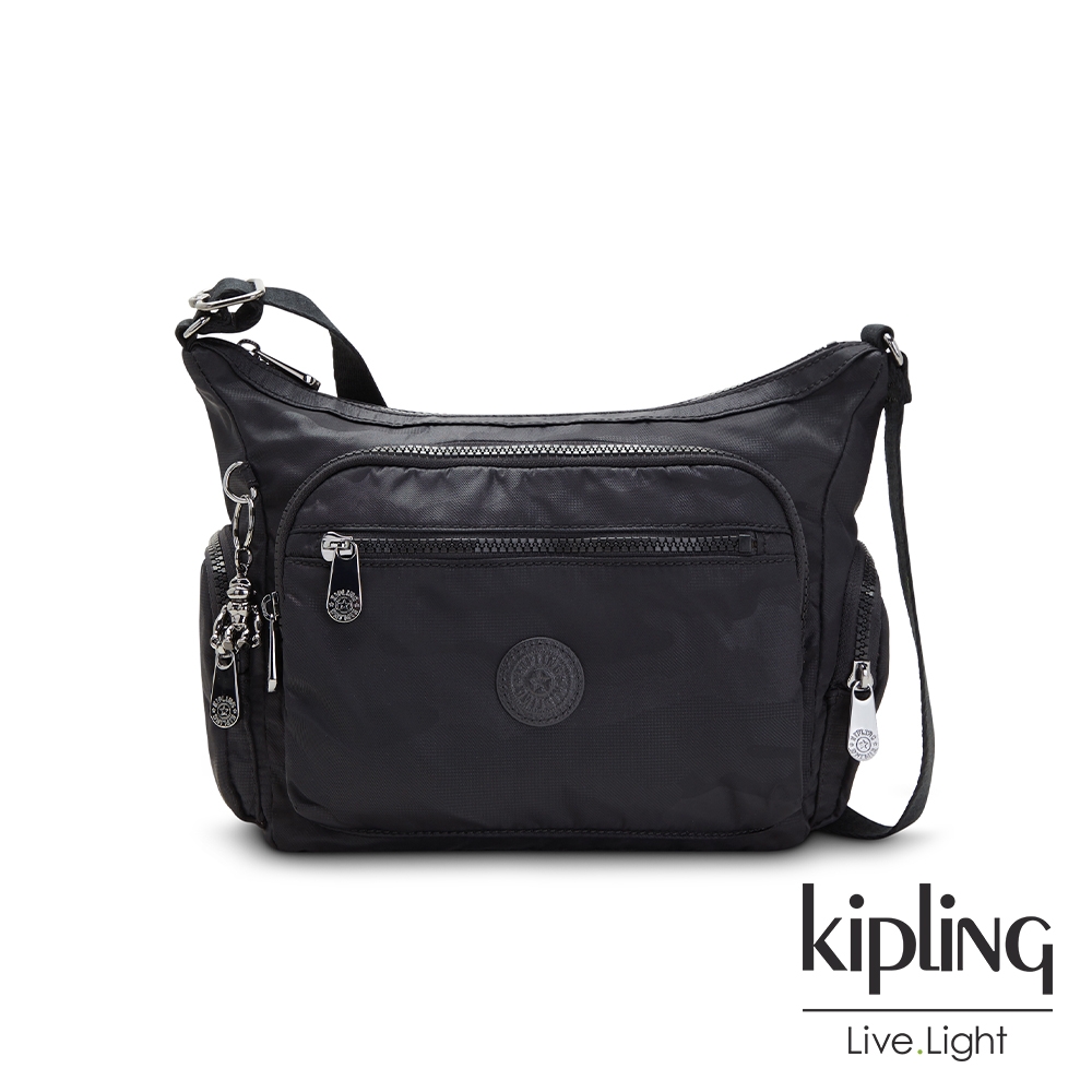 Kipling 中性紳黑迷彩印花多袋實用側背包-GABBIE S