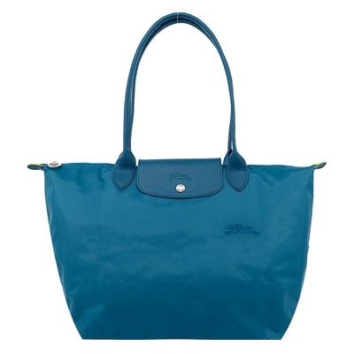 LONGCHAMP LE PLIAGE GREEN系列刺繡長把再生尼龍摺疊水餃包(大/孔雀藍)