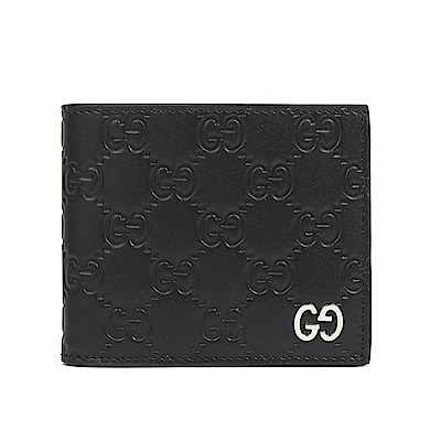 GUCCI Signature 金屬LOGO 對開短夾(八卡-黑色)