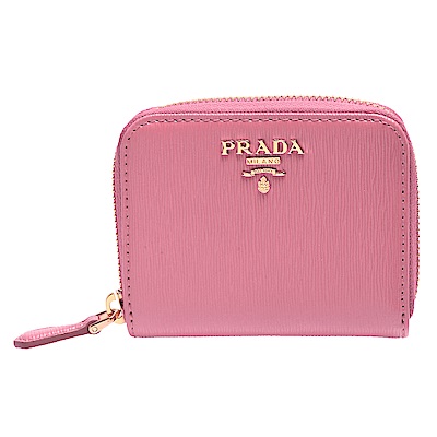 PRADA 經典金色浮雕LOGO水波直紋牛皮拉鍊卡夾/零錢包(粉)