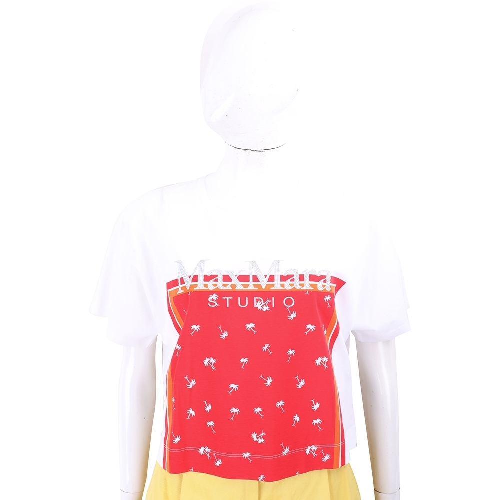 Max Mara CUBA 字母貼飾椰樹印花純棉短版白紅色短袖TEE T恤