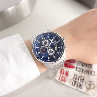 CITIZEN 星辰表 / AN3690-56L / 經典三眼 計時碼錶 日期 日本機芯 防水100米 不鏽鋼手錶-藍色/43mm