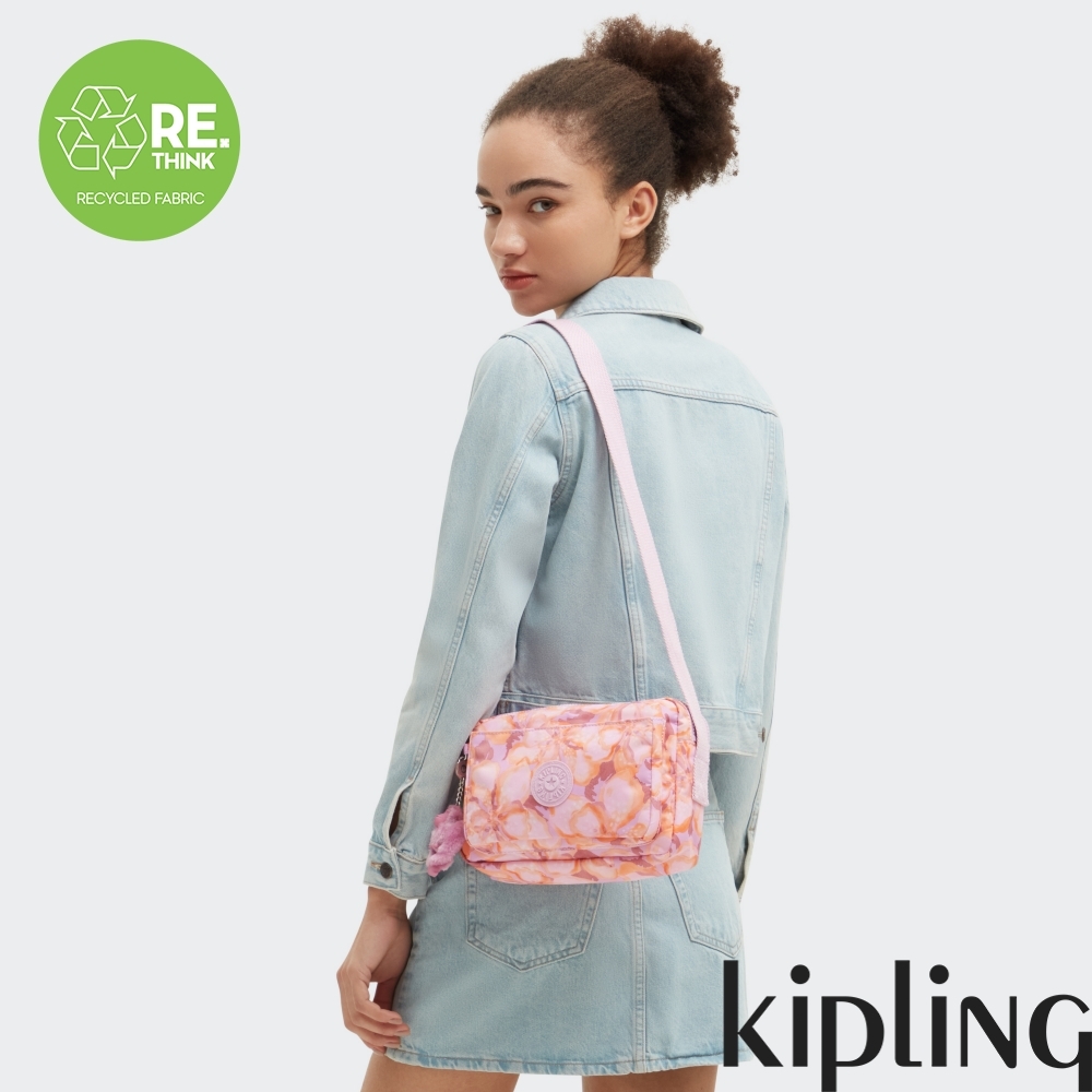 Kipling 粉橘花卉印花多層隨身斜背包-ABANU M