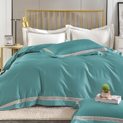 Betrise青竹綠 典雅系列 加大 頂級300織精梳長絨棉素色鏤空四件式被套床包組