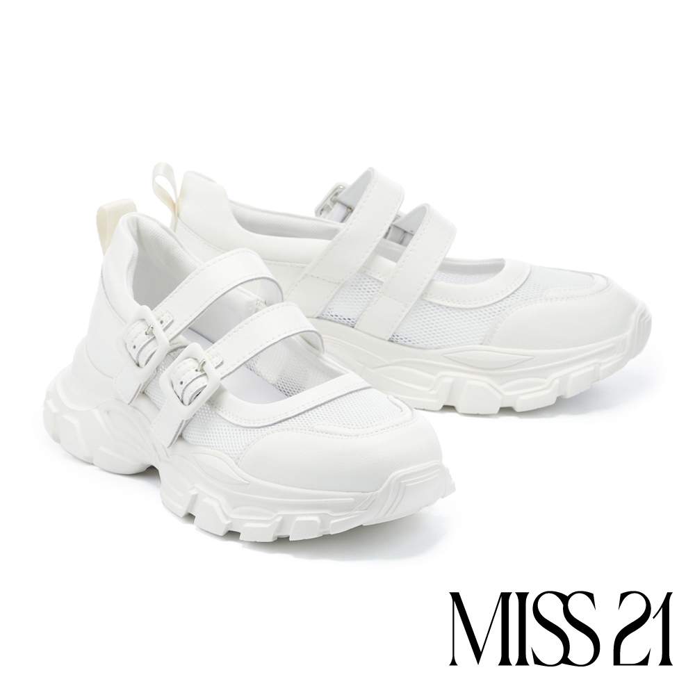 (小白鞋推薦)休閒鞋 MISS 21日常舒適雙繫帶牛皮厚底休閒鞋－白