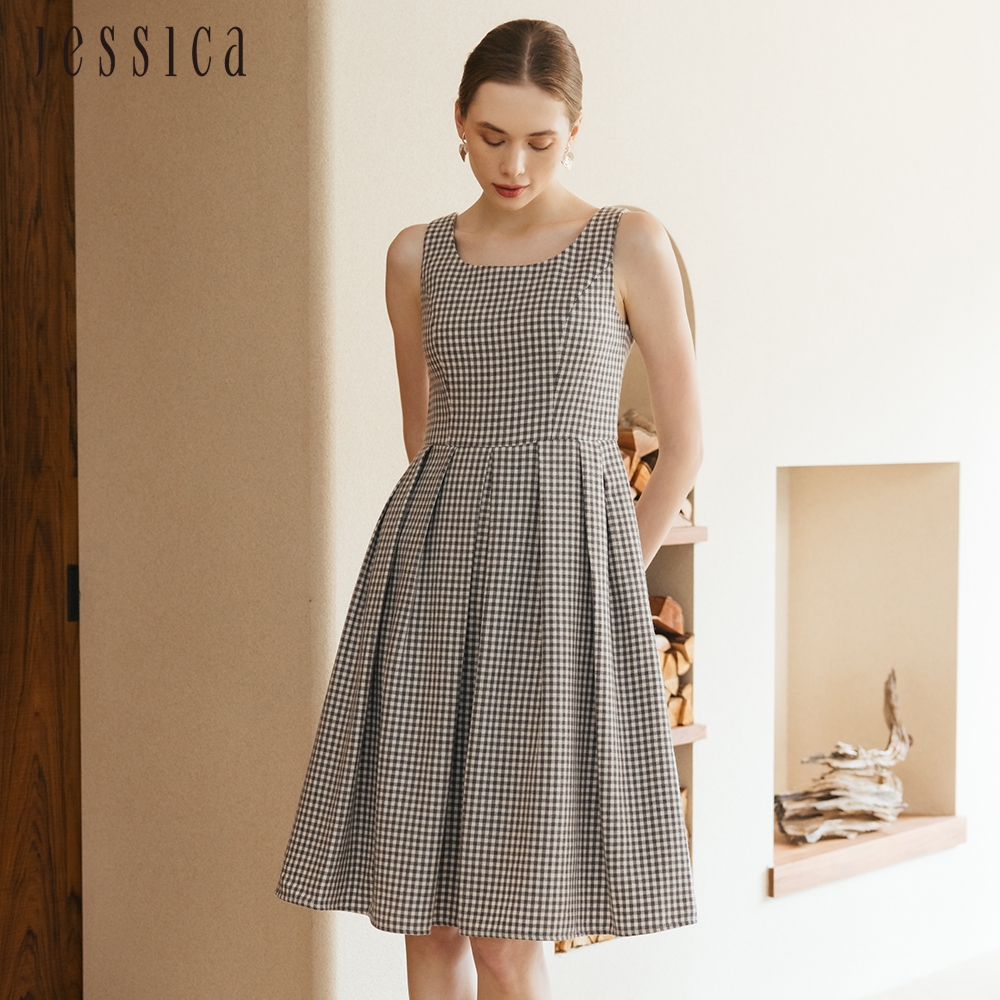 JESSICA - 復古甜美羊毛格紋皺褶寬裙擺無袖洋裝235703
