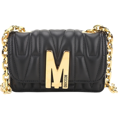 MOSCHINO M字衍縫牛皮迷你翻蓋斜背包(黑色)