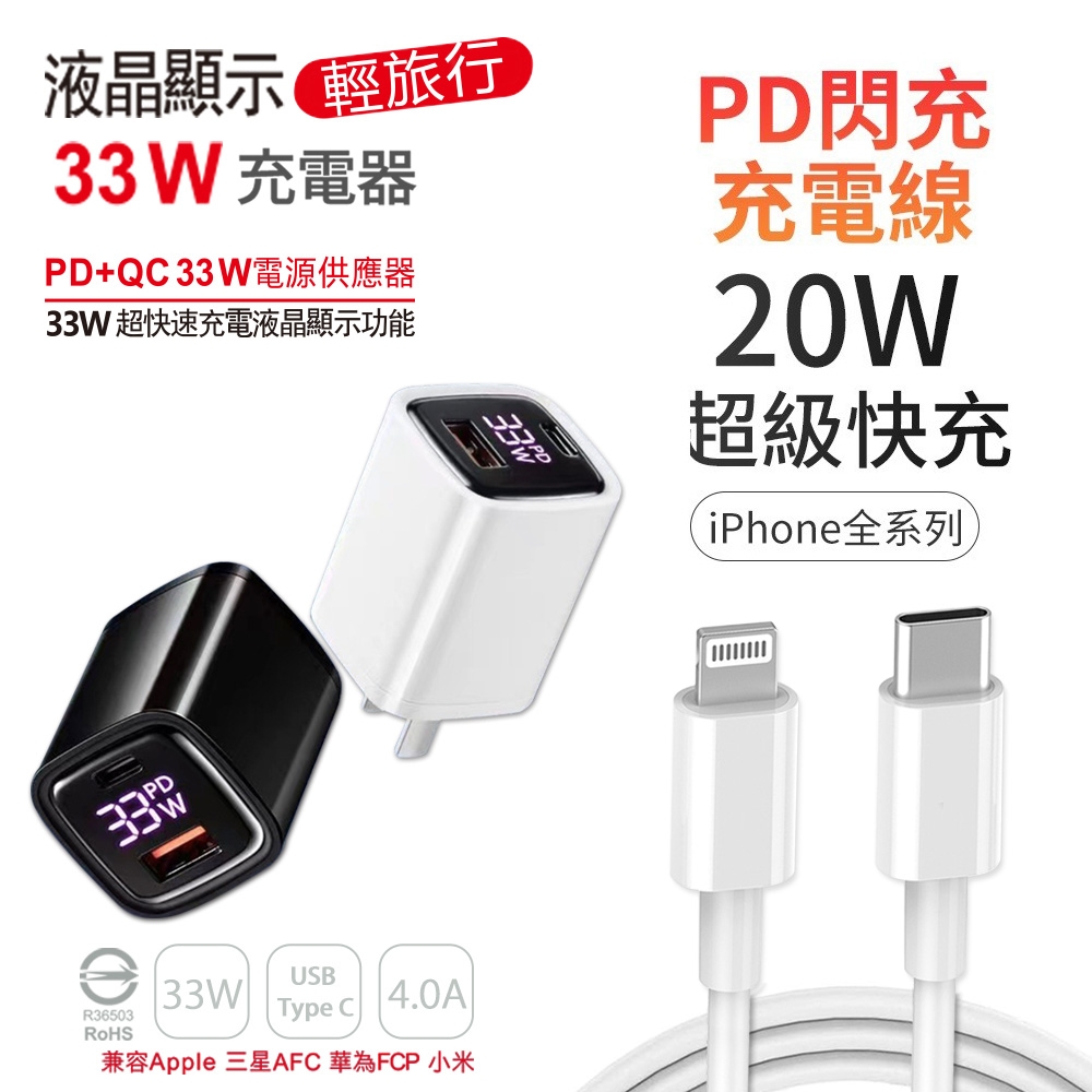 【KooPin】33W液晶顯示 雙孔PD+QC快速充電器(贈送PD快充線)