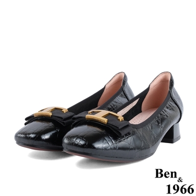 Ben&1966高級頭層壓紋牛皮流行跟鞋-黑(218201)