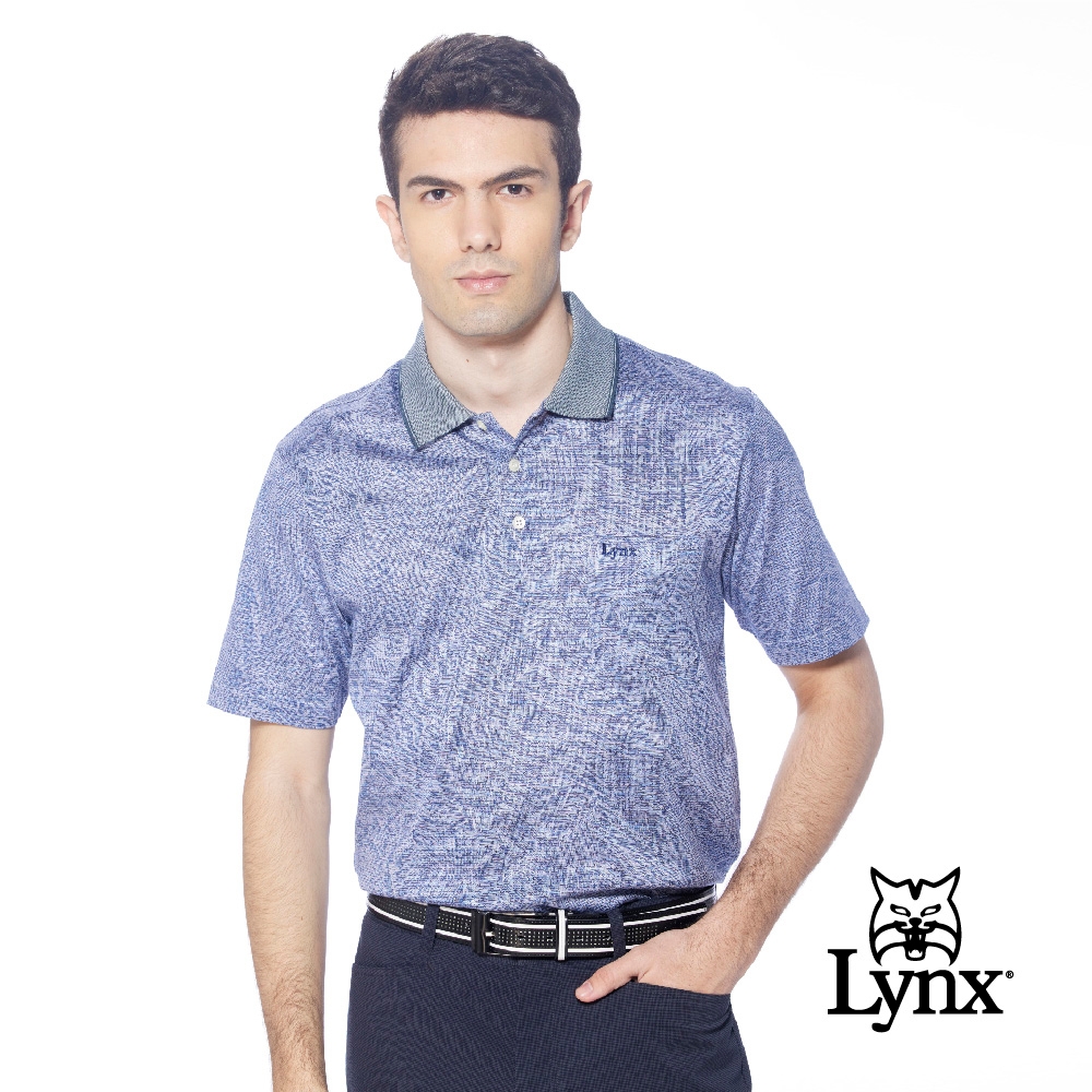 【Lynx Golf】男款歐洲進口絲光緹花面料類混紡紗胸袋款短袖POLO衫-藍灰色