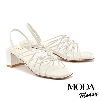 涼鞋 MODA MODAY 簡約交叉線條羊皮方頭粗跟涼鞋－白