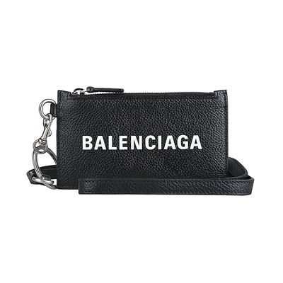 BALENCIAGA經典字母LOGO荔枝紋牛皮掛繩手拿拉鍊零錢卡夾(黑x白字/霧銀釦)