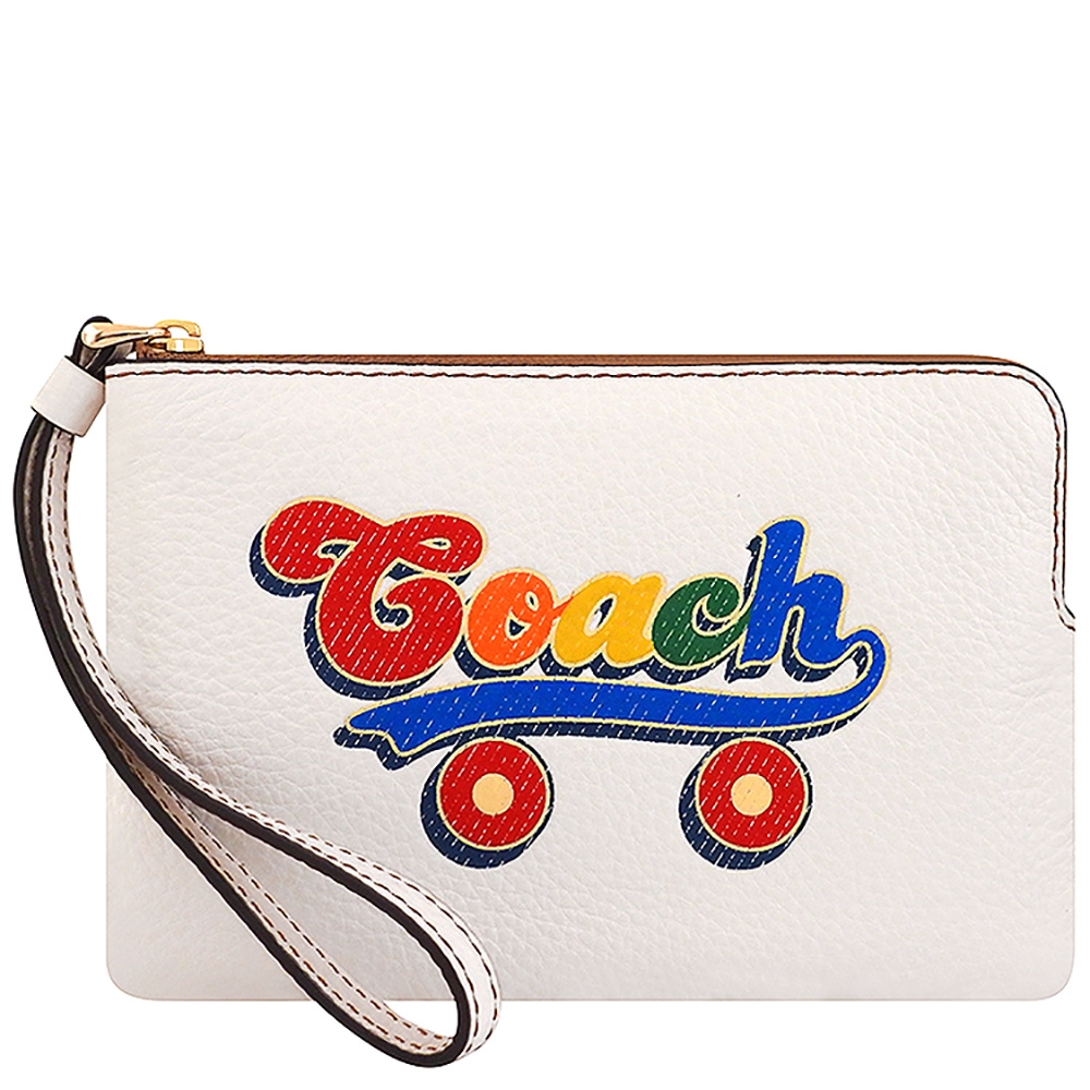 COACH 象牙白色LOGO荔枝紋皮革手拿包