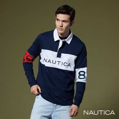 NAUTICA男裝 品牌文字刺繡跳色拼接長袖POLO衫-深藍