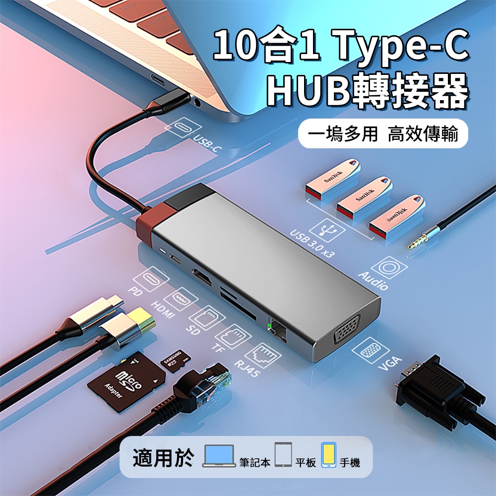 ANTIAN 10合1 PD100W Type-C多功能HUB轉接器 Mac轉接頭 USB3.0 HDMI集線器