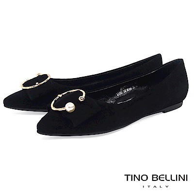 Tino Bellini麂皮珍珠金屬飾扣全真皮平底娃娃鞋_黑