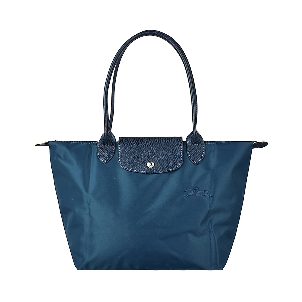 LONGCHAMP LE PLIAGE GREEN奔馬刺繡LOGO再生尼龍經典摺疊款長把拉鍊肩背水餃包(小/海洋藍x深藍)